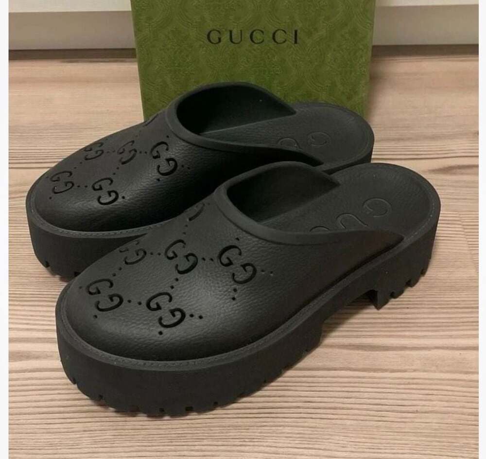 Authentic Gucci Black Rubber Platform Perforated G Sandals Clogs Sz 10 or 40eu - Picture 3 of 5